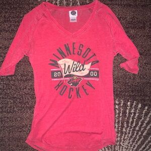 NHL Minnesota Wild Coral Red Distressed V-Neck Short Sleeve Tee